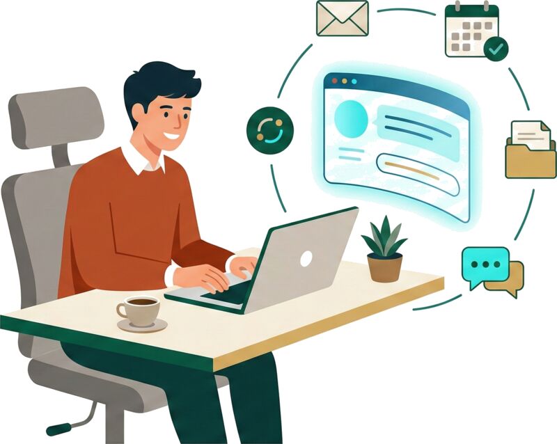 Henkilö työskentelemässä tekoälyavustajan kanssa